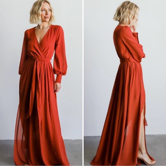 baltic born celine maxi dress Baltic Born Celine Maxi Dress Rust Orange Long Sleeve Formal Size L Front Slits